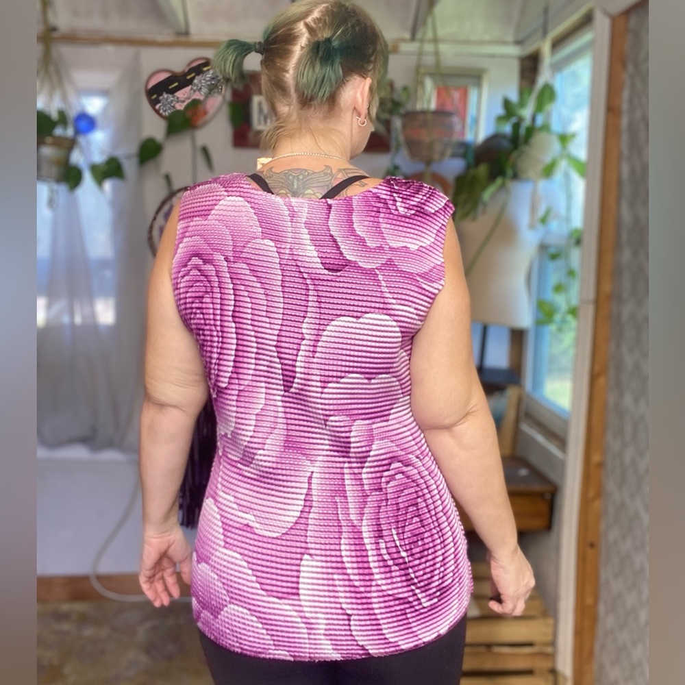 Vintage Y2K 90s Rose Floral Purple Accordion Style Blouse 1X Small Medium Large - Picture 6 of 16